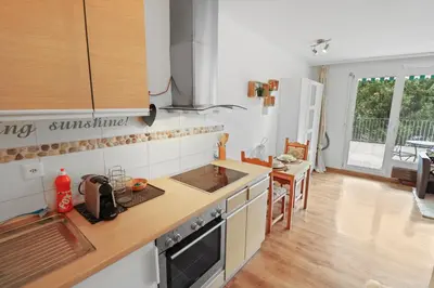 Küche/Küchenzeile in der Unterkunft Charmant studio ouvert avec vue paisible