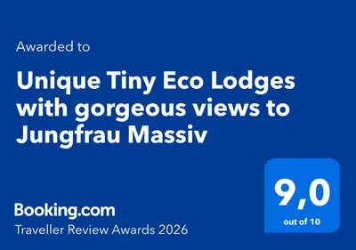 Ein Zertifikat, Auszeichnung, Logo oder anderes Dokument, das in der Unterkunft Unique Tiny Eco Lodges with gorgeous views to Jungfrau Massiv ausgestellt ist