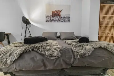 Ein Bett oder Betten in einem Zimmer der Unterkunft Appartement rénové avec vue panoramique et sauna