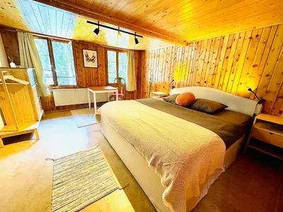 Ein Bett oder Betten in einem Zimmer der Unterkunft Cozy Apartment in Vintage House in Kandersteg