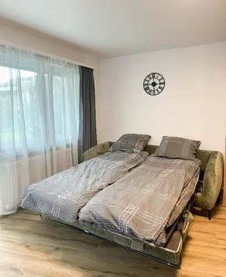 Ein Bett oder Betten in einem Zimmer der Unterkunft Studio magnifique avec terrasse spacieuse et jardin Loèche-les-Bains Vacances
