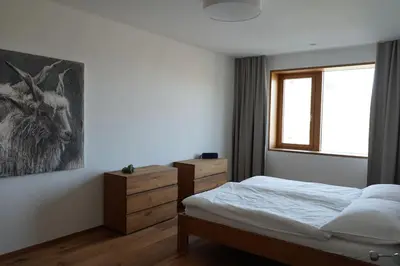 Ein Bett oder Betten in einem Zimmer der Unterkunft Exklusive Wohnung mit Panoramasicht auf Melchsee-Frutt