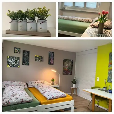 Ein Bett oder Betten in einem Zimmer der Unterkunft HEART Studio Visp Zentrum I ruhig I Single I Paare I Küche