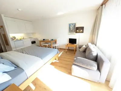 Küche/Küchenzeile in der Unterkunft Studio with balcony, Niesen view & free parking near Interlaken, Thunersee & Blausee