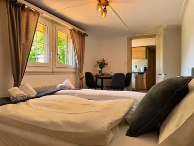 Ein Bett oder Betten in einem Zimmer der Unterkunft River 4-Kissed Retreat with Iconic Jungfraujoch View