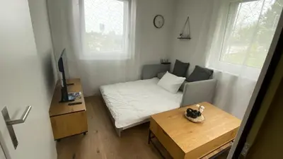 Ein Bett oder Betten in einem Zimmer der Unterkunft FALKE Studio in Spiez