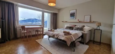 Ein Bett oder Betten in einem Zimmer der Unterkunft Studio proche de tout avec magnifique vue