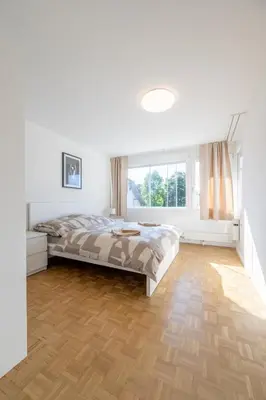 Ein Bett oder Betten in einem Zimmer der Unterkunft Bright Apartment in Thun, 50m to Lake Free Parking