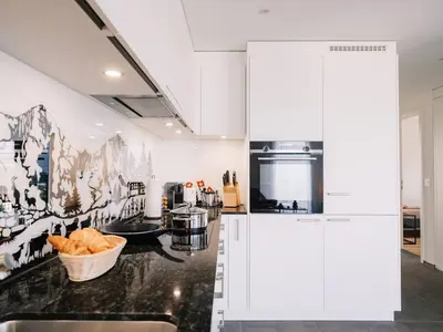 Küche/Küchenzeile in der Unterkunft Apartment Eiger in See- und Bergnähe, modern, mit Balkon und Aussicht für 4 Gäste