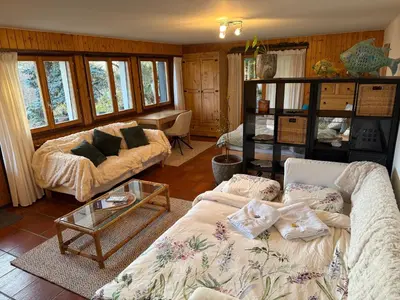 Ein Bett oder Betten in einem Zimmer der Unterkunft Chalet la Licorne - Cozy Alpine Hideaway in Diogne