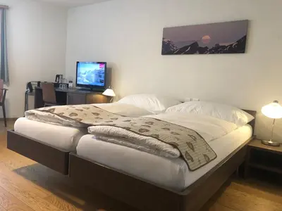 Ein Bett oder Betten in einem Zimmer der Unterkunft Hotel Crystal Interlaken