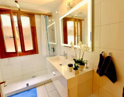 Ein Badezimmer in der Unterkunft Chalet Oberhofen am Thunersee, 4 Sterne Privatwohnung, 2 Schlafzimmer, gratis Parkplatz, Seeblick