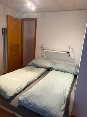 Ein Bett oder Betten in einem Zimmer der Unterkunft Au village d'Evolène, bel appartement avec terrasse
