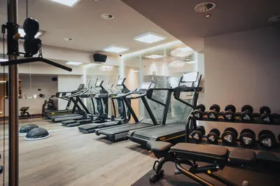 Das Fitnesscenter und/oder die Fitnesseinrichtungen in der Unterkunft Wellness Hotel Alpenhof